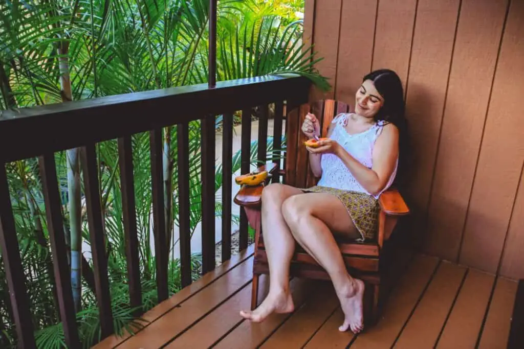 sitting on a waterproofed wooden balcony